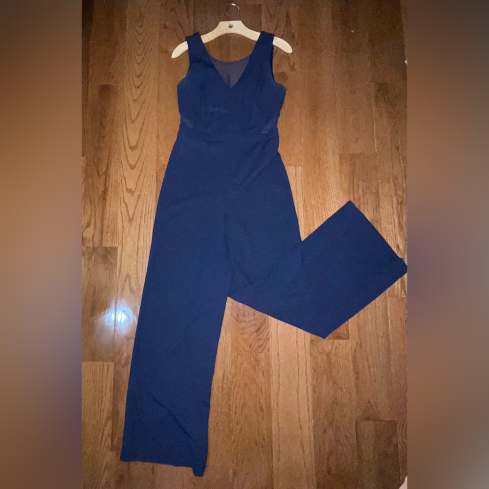 iZ Byer Navy Blue Jumpsuit w/ Sheer V-Neck & Wide Leg